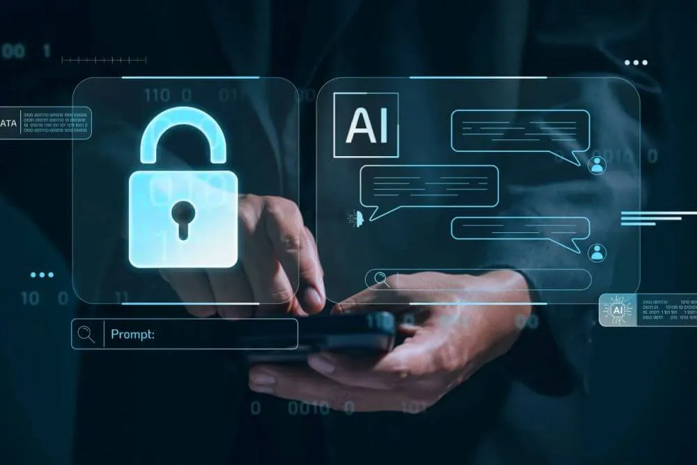 Ícone de cadeado digital brilhante ao lado do símbolo de IA na tela, representando segurança de dados e privacidade online.