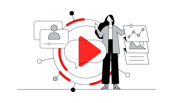 Ilustração de mulher apresentando gráficos de análise ao lado de um ícone de play, simbolizando métricas de vídeo marketing.