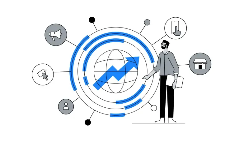 Ilustração de homem ao lado de um globo com seta de crescimento, cercado por ícones de marketing e e-commerce.