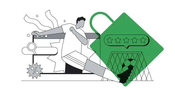 Vetor de um atleta chutando bola para o gol dentro de uma sacola de compras com avaliação de cinco estrelas.
