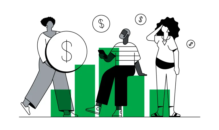 Ilustração de profissionais interagindo com moedas de dólar e um gráfico de barras verde em ascensão.