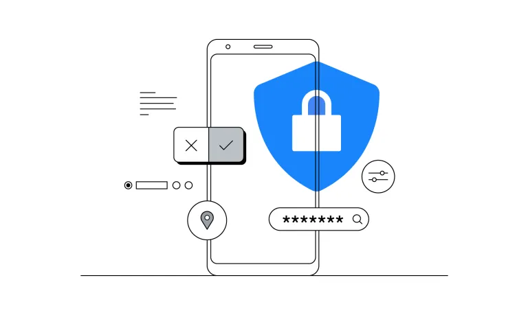 Ilustração de smartphone com escudo azul e cadeado, simbolizando a segurança de senhas e proteção de dados móveis.