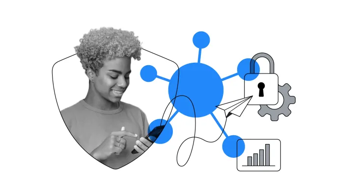 Mulher sorridente usando smartphone protegida por ícones de escudo, cadeado e rede de dados azul.