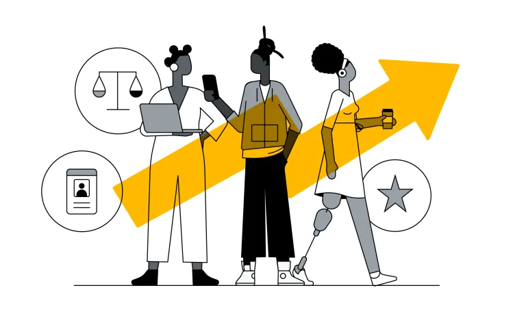 Ilustração de pessoas diversas, incluindo uma mulher com prótese, sob uma seta de crescimento amarela com ícones de balança e estrela.