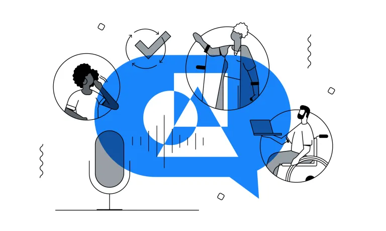 Ilustração de pessoas diversas, incluindo um cadeirante, em balões de conversa ao redor de um microfone e ondas sonoras.
