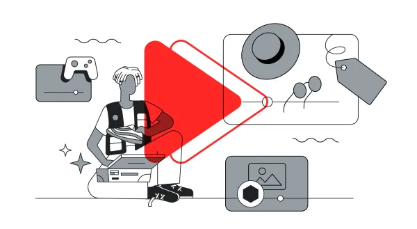 Ilustração de criador de conteúdo realizando unboxing de produtos com ícone de play e etiquetas de preço.