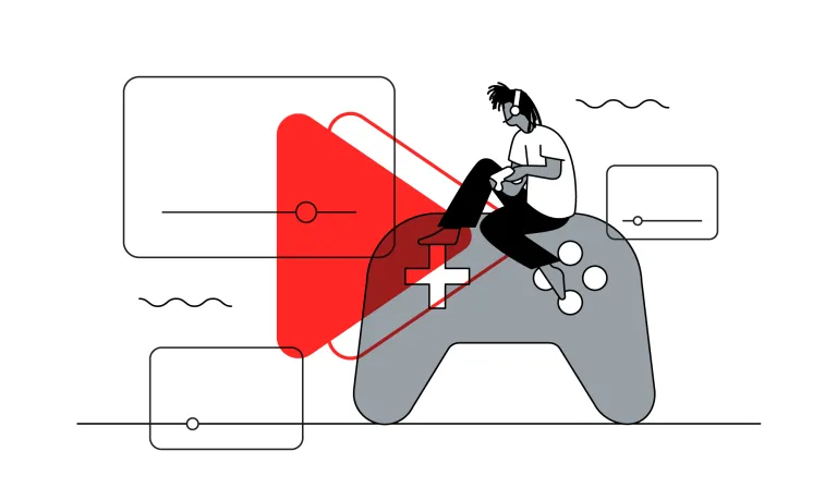 Ilustração de um gamer sentado sobre um controle de videogame gigante com ícones de play e interfaces de vídeo ao fundo.