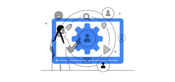 Ilustração de pessoa configurando automação de usuários e processos em uma interface digital azul.